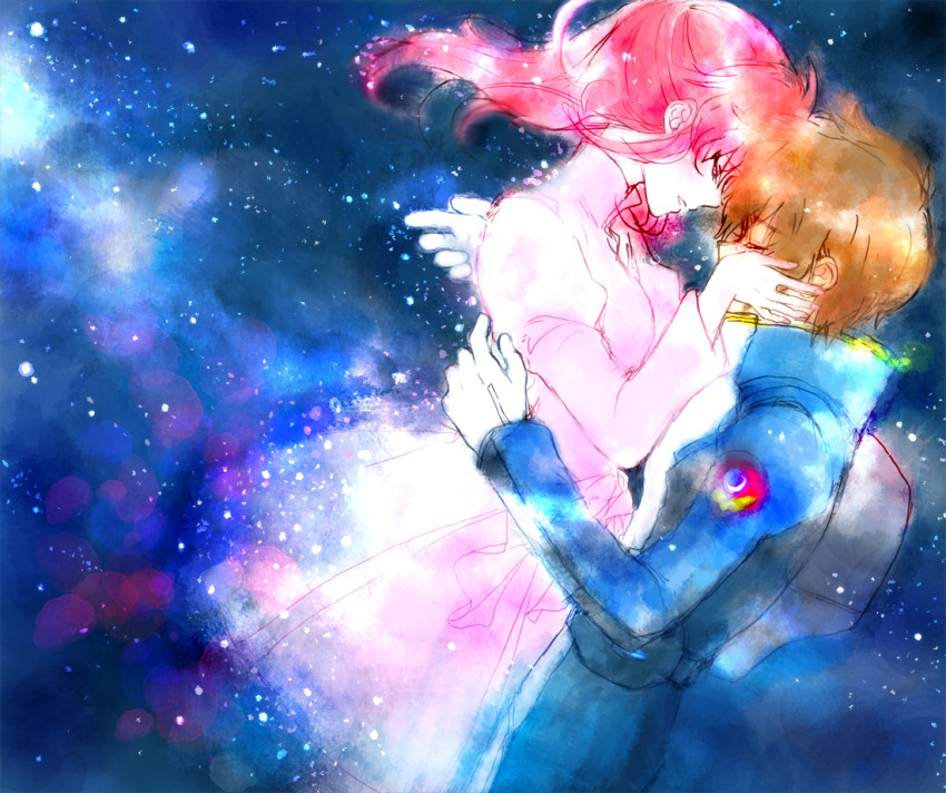 1boy 1girl brown_hair closed_eyes flay_allster gundam gundam_seed hands_on_another's_face kira_yamato long_hair pilot_suit pink_clothes redhead short_hair space star_(sky) tears traditional_media watercolor_(medium)