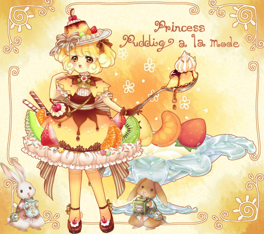 1girl banana bangs blonde_hair blush bow box brown_eyes brown_shoes candy capelet cherry cream curly_hair dress dripping english food food_as_clothes food_on_face food_themed_clothes fruit glass hair_ribbon hat holding jug kiwifruit melon open_mouth original oversized_object personification pocket_watch pudding puffy_sleeves purse rabbit ribbon shoes short_hair single_glove smile spoon sprinkles strawberry tangerine thigh-highs watch yellow_background yellow_dress yellow_eyes yellow_legwear