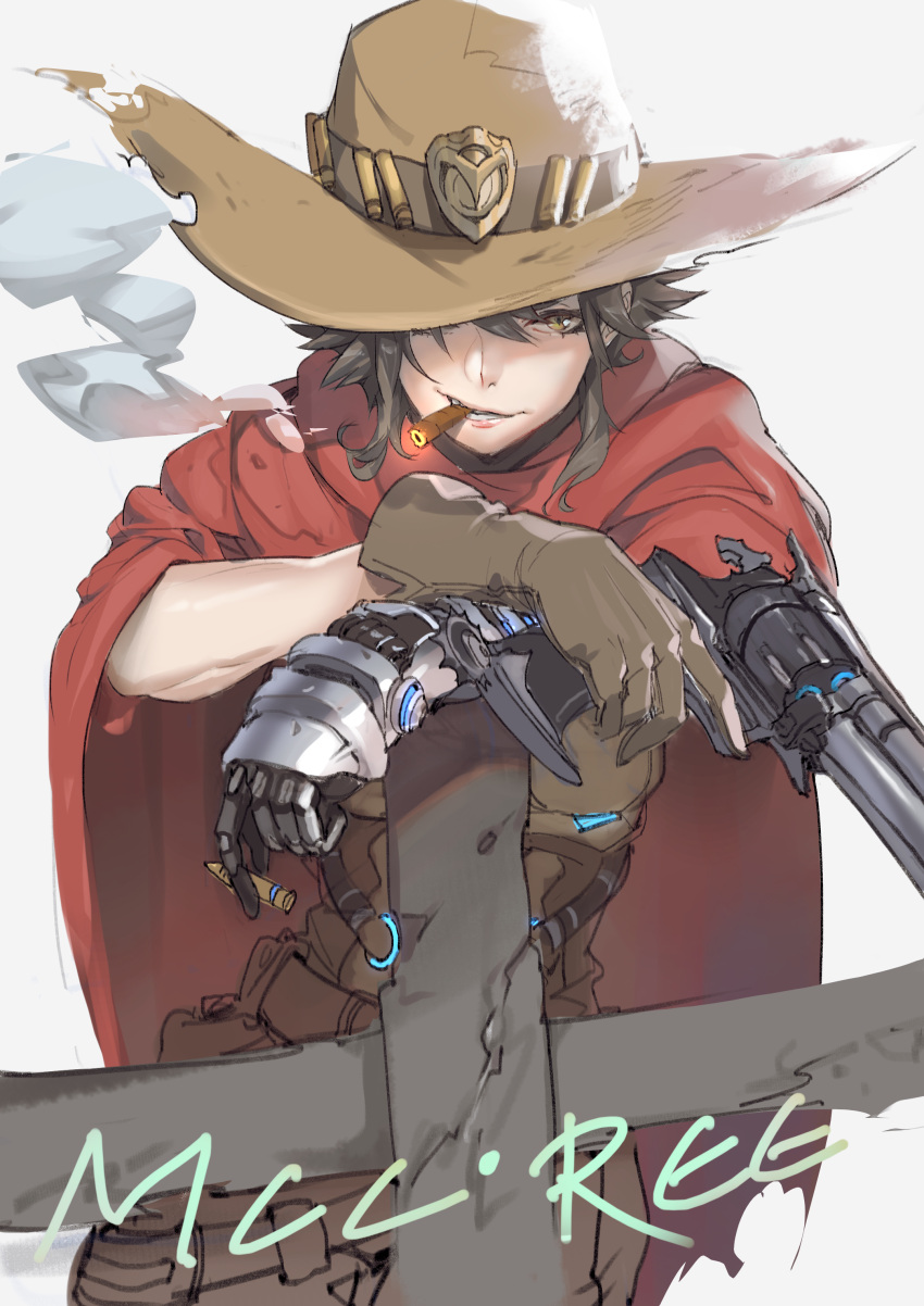 1girl absurdres ammunition bangs black_hair brown_gloves cape character_name cigar cowboy_hat cowboy_shot expressionless female genderswap genderswap_(mtf) gloves gun hair_between_eyes handgun hat hat_over_one_eye highres holding holding_gun holding_weapon leaning looking_at_viewer mccree_(overwatch) mechanical_arm mouth_hold nogchasaeg_(karon2848) overwatch red_cape revolver short_hair simple_background single_glove smoke smoking solo spiky_hair torn_cape torn_clothes torn_hat weapon yellow_eyes