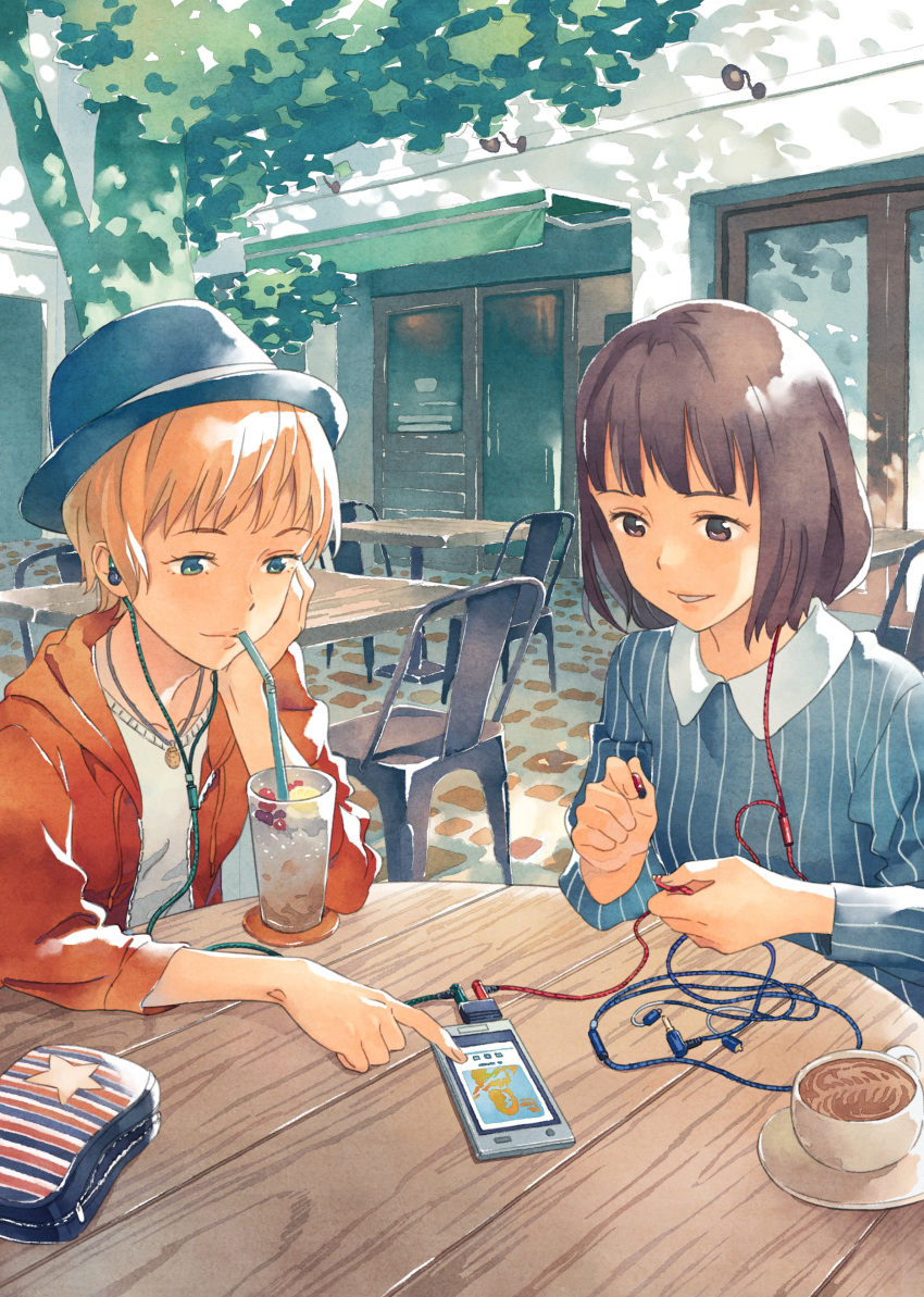 2girls absurdres blonde_hair blue_eyes brown_eyes brown_hair cable case cellphone chair chin_rest coaster collarbone cup drink drinking_straw earphones earphones glass hat highres holding hood hooded_jacket jacket jewelry katou_akatsuki multiple_girls necklace open_clothes open_jacket original outdoors parted_lips phone pointing saucer shirt short_hair smartphone smile star striped table teacup tree unzipped white_shirt zipper
