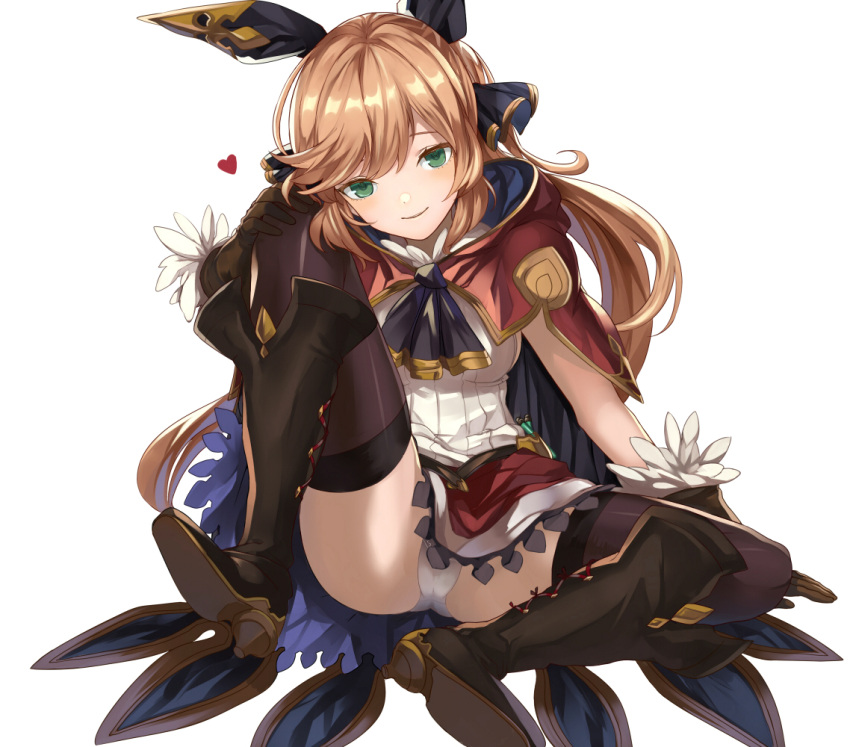 1girl bangs black_boots black_legwear boots brown_gloves brown_hair cape clarisse_(granblue_fantasy) closed_mouth cross-laced_footwear crotch_seam eredhen full_body gloves granblue_fantasy green_eyes hair_ornament hair_ribbon high_heel_boots high_heels knee_boots long_hair looking_at_viewer miniskirt panties pantyshot pantyshot_(sitting) ponytail red_cape red_skirt ribbon simple_background sitting skirt smile solo spread_legs thigh-highs underwear upskirt white_background white_panties