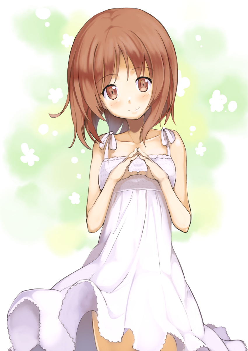 1girl absurdres blush brown_eyes brown_hair collarbone dress girls_und_panzer hands_together highres long_hair maechuu nishizumi_miho smile solo sundress white_dress wind wind_lift