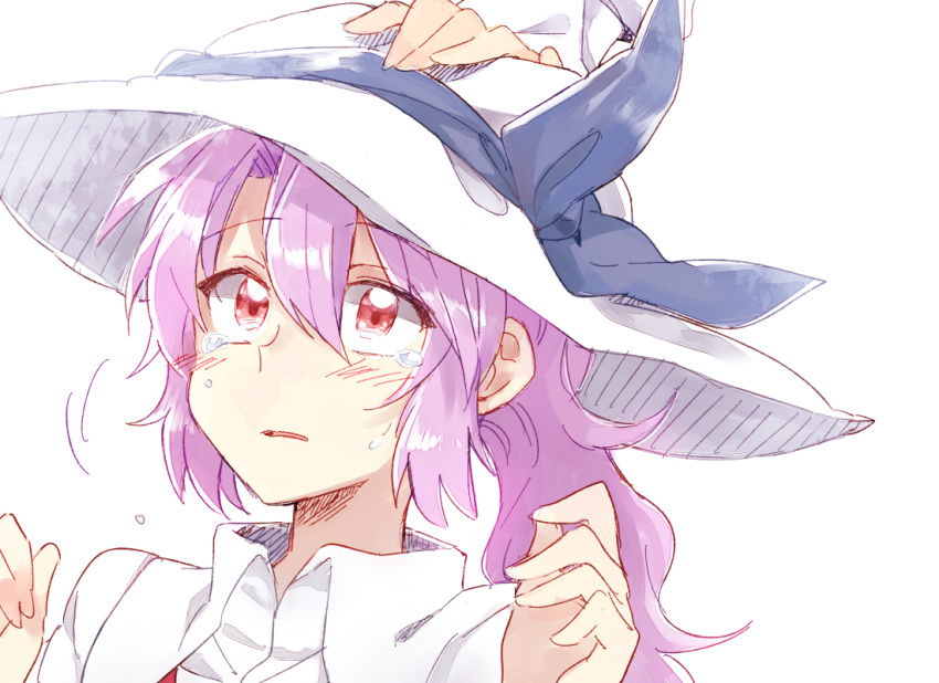 2girls blush crying crying_with_eyes_open hat hat_ribbon long_hair multiple_girls out_of_frame ponytail purple_hair red_eyes ribbon six_(fnrptal1010) solo_focus tears touhou watatsuki_no_toyohime watatsuki_no_yorihime white_background white_hat younger