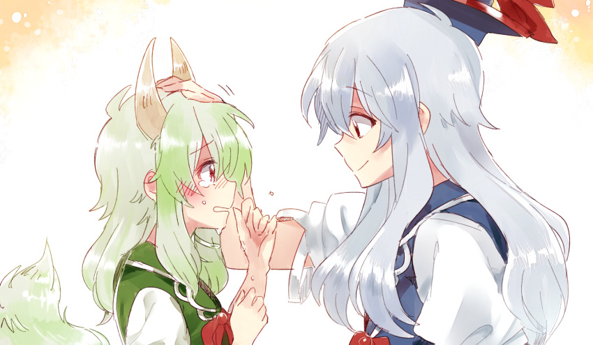 2girls blue_hair crying crying_with_eyes_open dual_persona ex-keine facing_another from_side green_hair hand_on_another's_head hand_on_own_head hat horns kamishirasawa_keine long_hair multiple_girls orange_background petting puffy_short_sleeves puffy_sleeves red_eyes short_sleeves sidelocks silver_hair six_(fnrptal1010) smile tail tears touhou white_background younger
