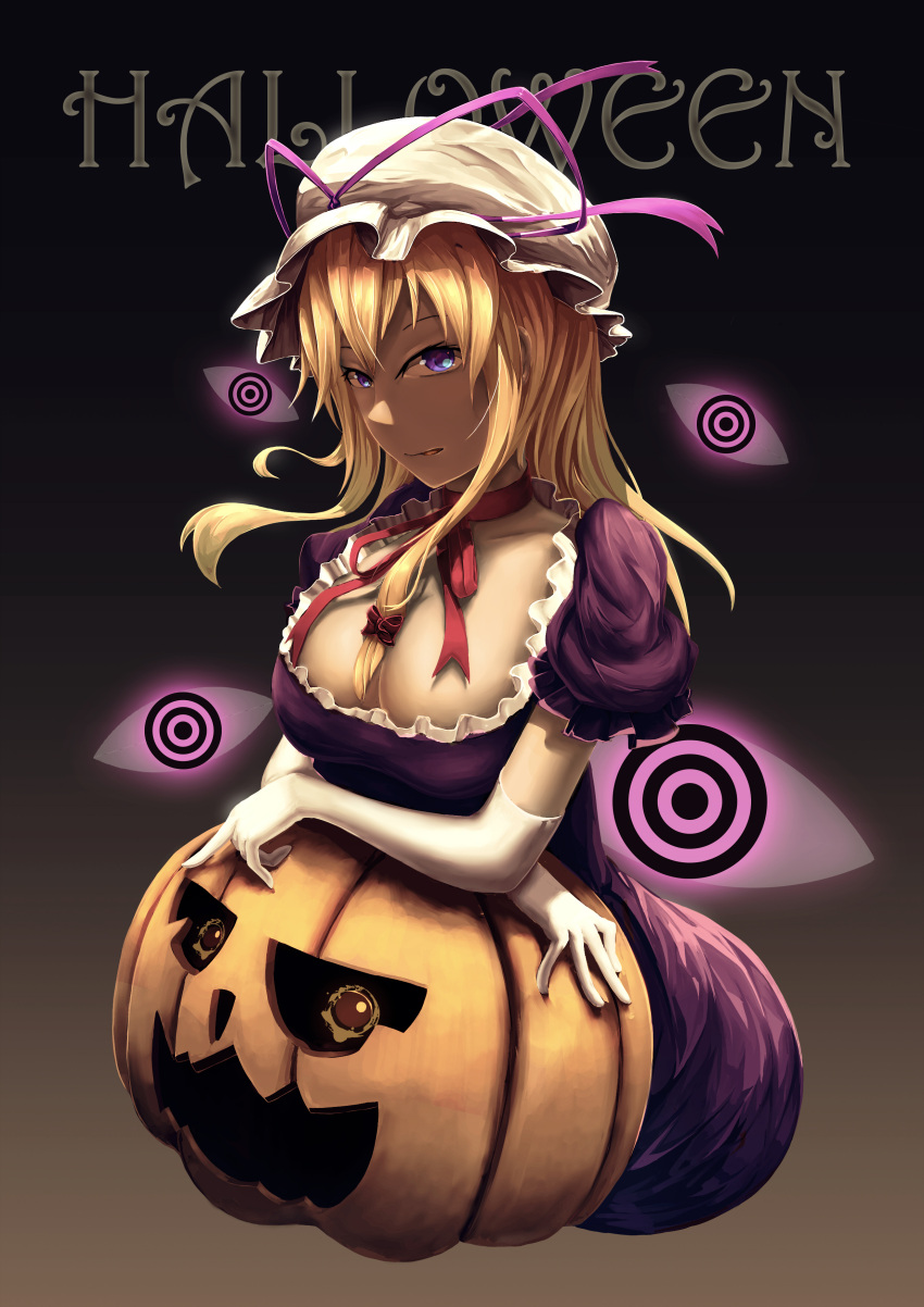 1girl absurdres backlighting black_background blonde_hair blue_eyes bow breasts brown_background choker cleavage colored dress elbow_gloves frilled_dress frills gloves gradient gradient_background gradient_eyes hair_bow halloween hat hat_ribbon highres hips jack-o'-lantern large_breasts leaning_forward light long_hair looking_at_viewer mob_cap muka_(ghost_like) multicolored_eyes ribbon ribbon_choker shiny shiny_hair short_sleeves sidelocks smirk solo tongue tongue_out touhou violet_eyes white_gloves yakumo_yukari
