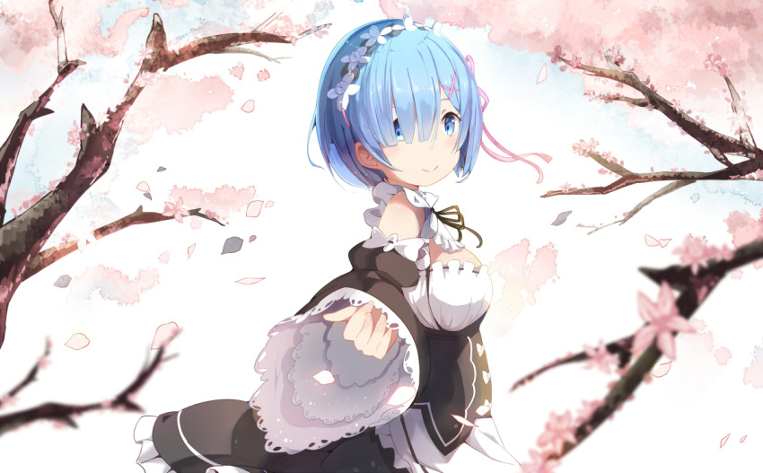1girl apron blue_eyes blue_hair bow breasts cherry_blossoms detached_sleeves dress flower frilled_dress frills hair_ornament hair_over_one_eye looking_at_viewer maid maid_apron maid_headdress outstretched_arm petals re:zero_kara_hajimeru_isekai_seikatsu rem_(re:zero) ribbon-trimmed_clothes ribbon-trimmed_sleeves ribbon_trim short_hair smile solo underbust upper_body wide_sleeves x_hair_ornament zzzzxxx2010nian