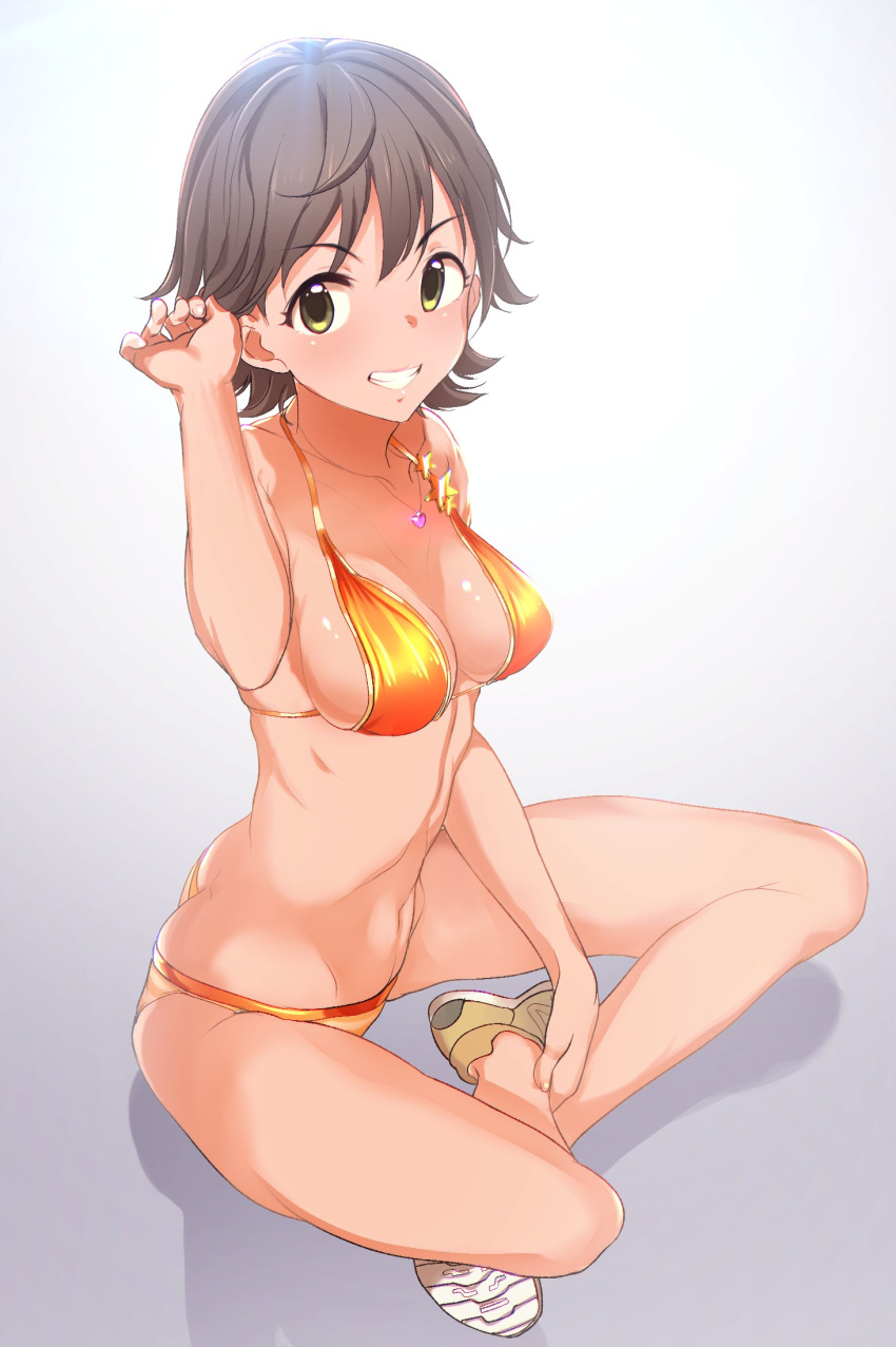1girl bare_shoulders bikini brown_eyes brown_hair grin groin hair_twirling highres honda_mio idolmaster idolmaster_cinderella_girls indian_style jewelry looking_at_viewer necklace q_(ed69) shadow shiny shiny_skin shoes short_hair sitting smile sneakers solo swimsuit