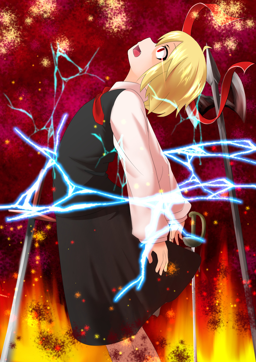 1girl absurdres arched_back arms_at_sides blonde_hair ex-rumia fire gradient gradient_background hair_ribbon halberd head_tilt highres lightning long_sleeves looking_up necktie open_mouth planted_sword planted_weapon polearm red_background red_eyes reito_(lyra-yasao-0628) ribbon rumia short_hair skirt skirt_set solo sword touhou untied weapon