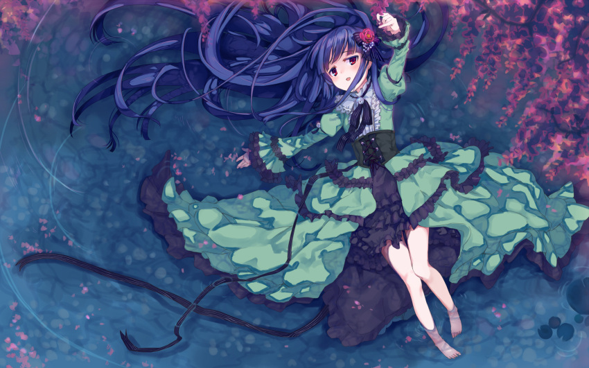 1girl afloat bangs bare_legs barefoot beads bell black_bow black_ribbon blue_hair blush bow center_frills corset cross-laced_clothes dress flat_chest floating_hair flower frilled_sleeves frills from_above green_dress hair_beads hair_bow hair_flower hair_ornament highres holding holding_flower idolmaster idolmaster_cinderella_girls jingle_bell lace_trim leaf lily_pad long_hair long_sleeves looking_at_viewer looking_to_the_side lying nemeko on_back outstretched_arms petals pinky_out puffy_long_sleeves puffy_sleeves reaching red_eyes red_flower ribbon ripples sajou_yukimi solo striped striped_bow thigh_gap very_long_hair water wide_sleeves wisteria