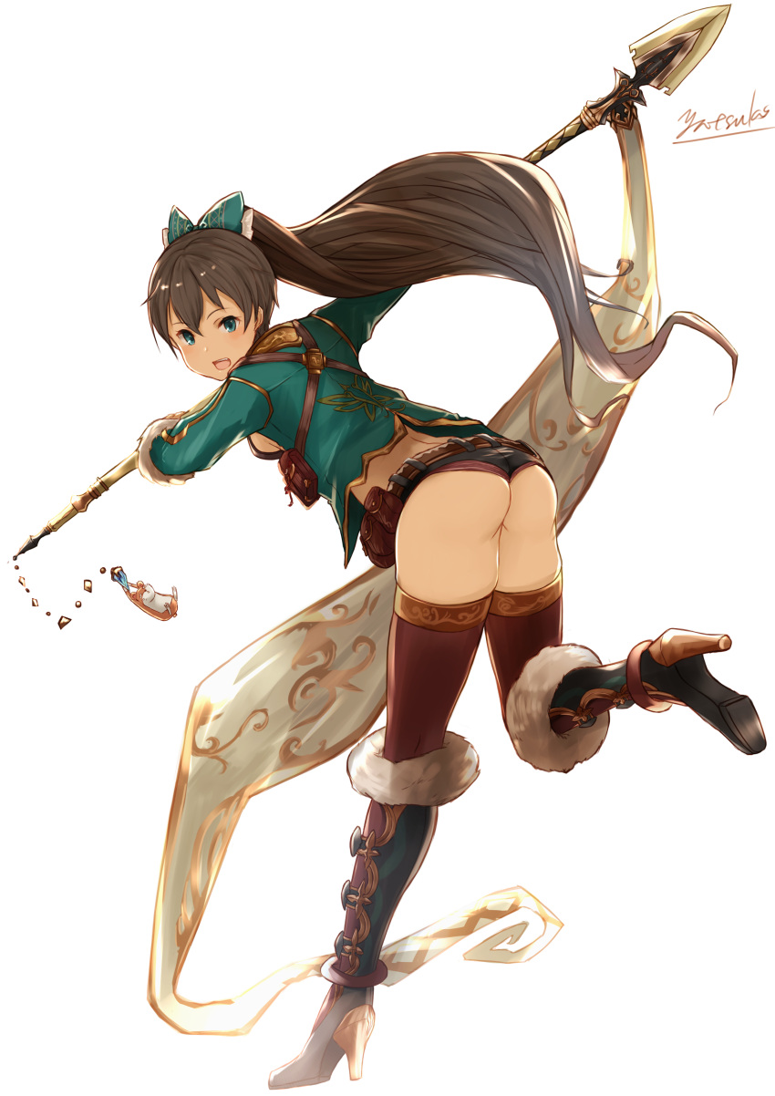 1girl absurdres aqua_eyes artist_name ass belt black_hair blush boots bow breasts from_behind full_body fur_trim ganaha_hibiki granblue_fantasy hair_bow hamuzou high_heels highres holding holding_weapon holster idolmaster jacket knee_boots leg_up long_hair long_sleeves looking_back open_mouth polearm ponytail red_legwear short_shorts shorts signature spear thigh-highs very_long_hair weapon wedgie white_background yatsuka_(846)