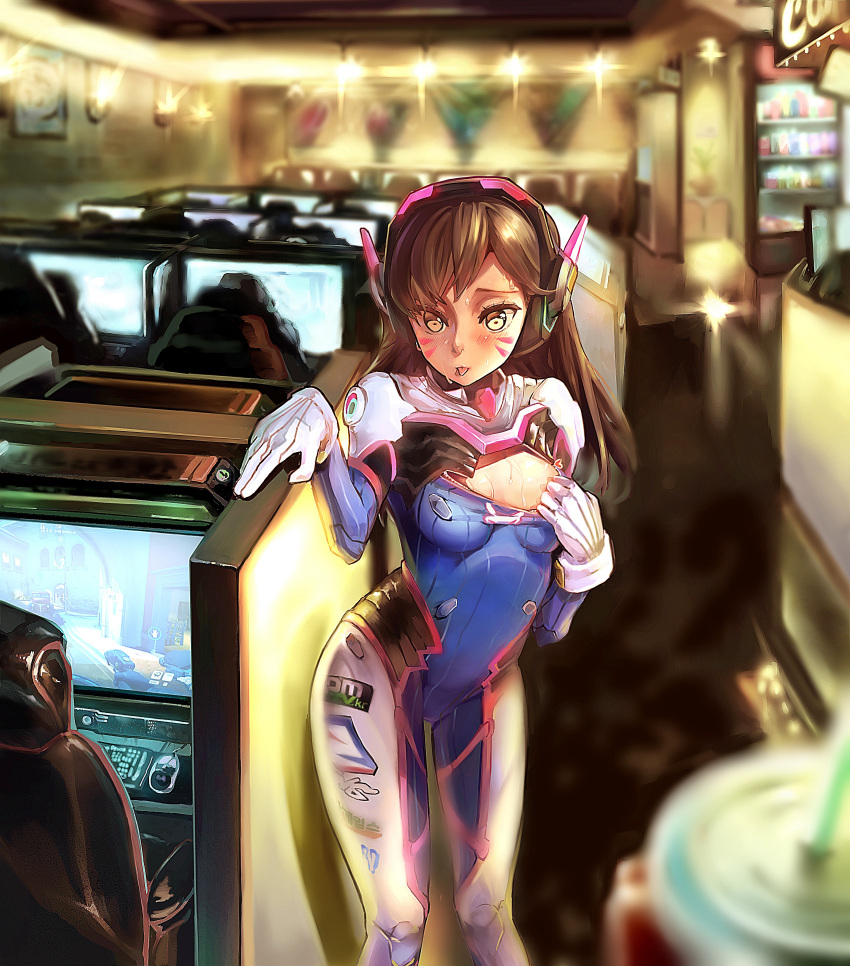 1girl absurdres bangs blush bodysuit breasts brown_eyes brown_hair contrapposto cowboy_shot d.va_(overwatch) facial_mark gloves headphones highres hot long_hair looking_at_viewer monitor overwatch pilot_suit pov smile solo standing sweat sweating sweating_profusely swept_bangs tongue tongue_out white_gloves