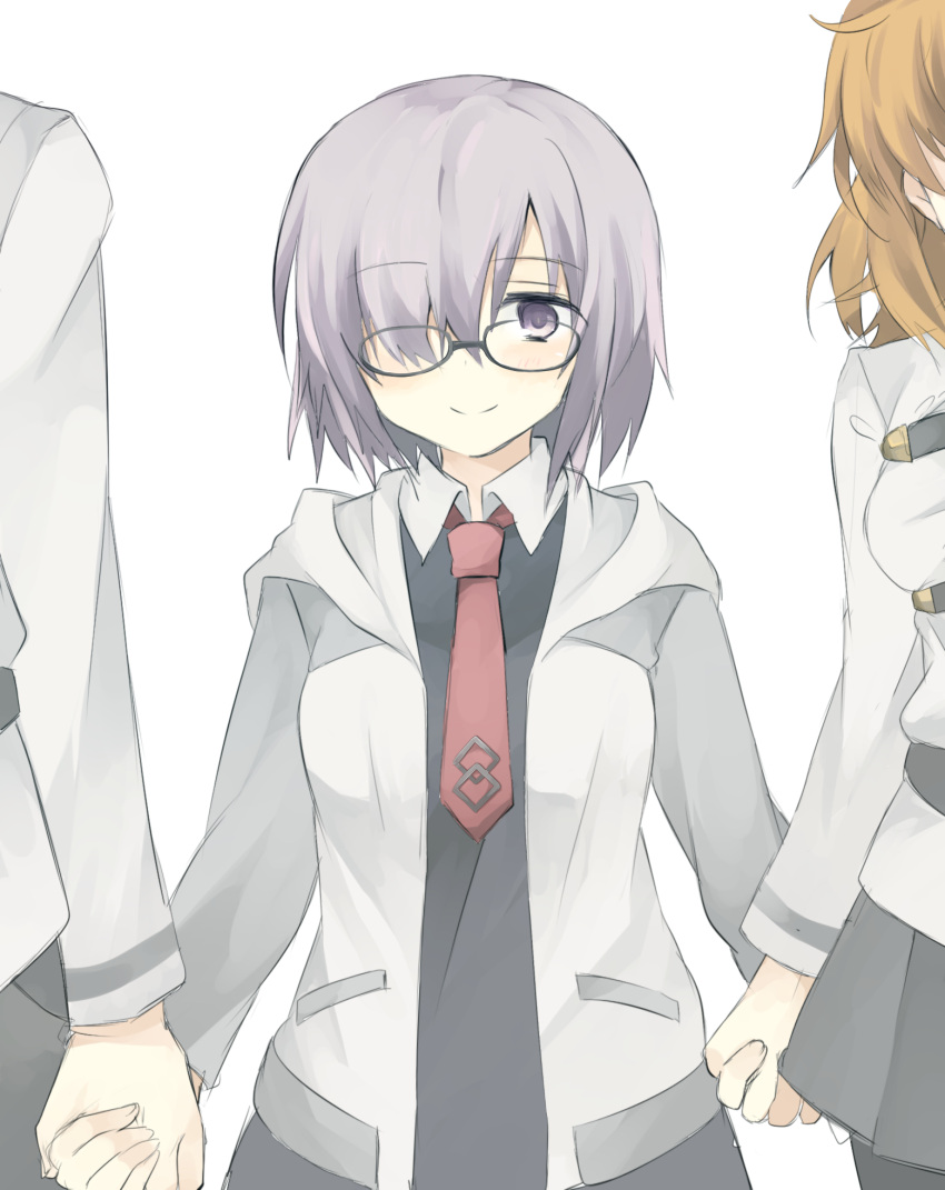 1boy 2girls blush breasts fate/grand_order fate_(series) female_protagonist_(fate/grand_order) glasses hair_over_one_eye height_difference highres holding_hands jacket kiminitokimeki long_sleeves looking_at_viewer male_protagonist_(fate/grand_order) multiple_girls necktie orange_hair out_of_frame pantyhose purple_hair red_necktie shielder_(fate/grand_order) short_hair simple_background skirt smile violet_eyes white_background