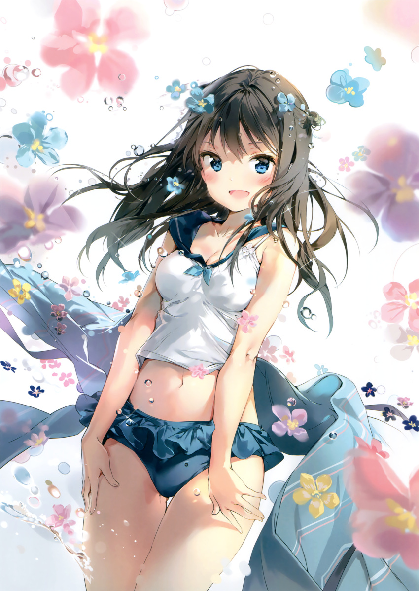 1girl :d absurdres anmi bare_shoulders blue_eyes blush breasts brown_hair cleavage collarbone cowboy_shot flower frills hair_flower hair_ornament highres long_hair looking_at_viewer midriff navel open_mouth original sailor_collar scan sleeveless smile solo sparkle thigh_gap water