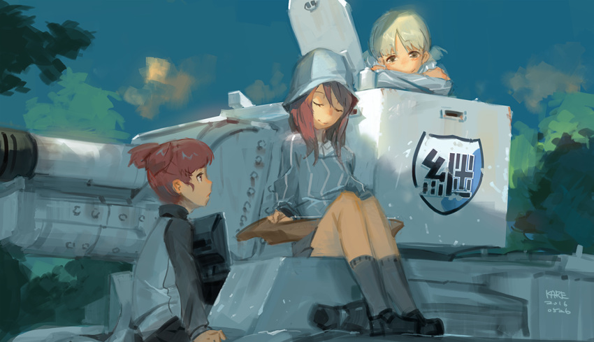 3girls aki_(girls_und_panzer) arm_support artist_name blonde_hair blurry blush brown_eyes brown_hair bt-42 closed_eyes clouds commentary dated girls_und_panzer hat head_rest instrument kantele long_hair looking_at_another mika_(girls_und_panzer) mikko_(girls_und_panzer) military military_vehicle multiple_girls playing_instrument short_hair short_twintails sitting sketch sky smile tank tommy830219 track_suit tree twintails uniform vehicle