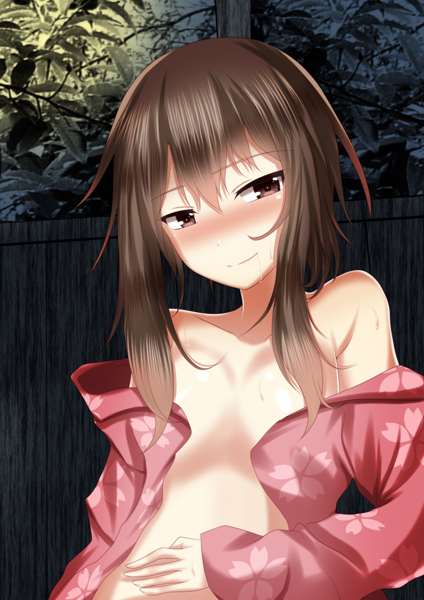 1girl alternate_costume ayasato_karen blush breasts brown_eyes brown_hair floral_print hand_on_own_stomach highres japanese_clothes kantai_collection kimono looking_to_the_side no_bra no_underwear open_clothes open_kimono saliva short_hair small_breasts smile taihou_(kantai_collection) upper_body