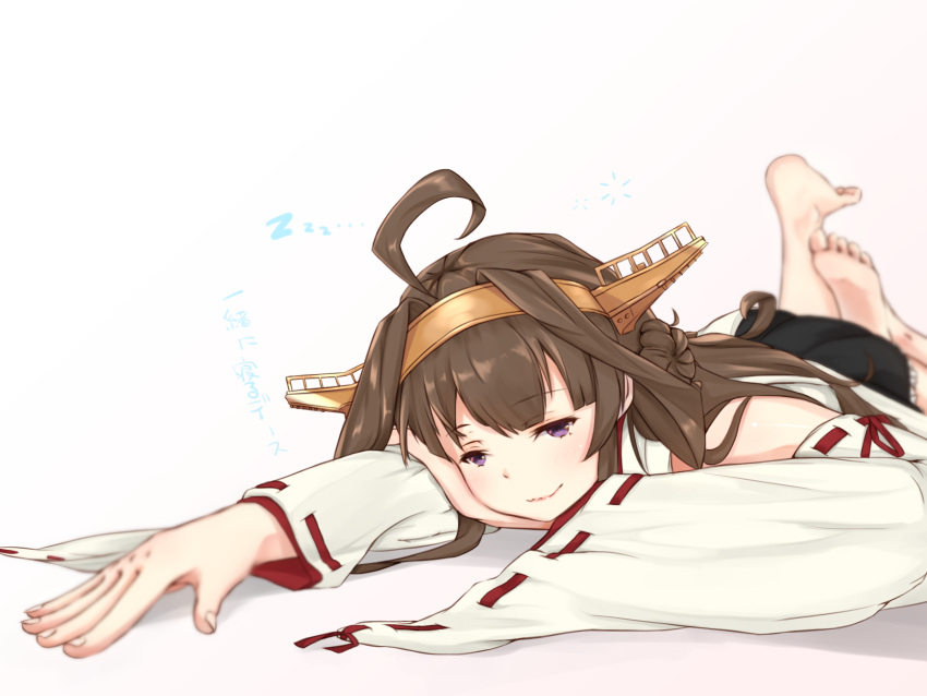 1girl ahoge barefoot blue_eyes brown_hair colored_eyelashes cushion double_bun foreshortening hairband highres japanese_clothes kamome_donburi kantai_collection kongou_(kantai_collection) long_hair looking_at_viewer lying miniskirt nontraditional_miko on_stomach skirt wavy_mouth wide_sleeves