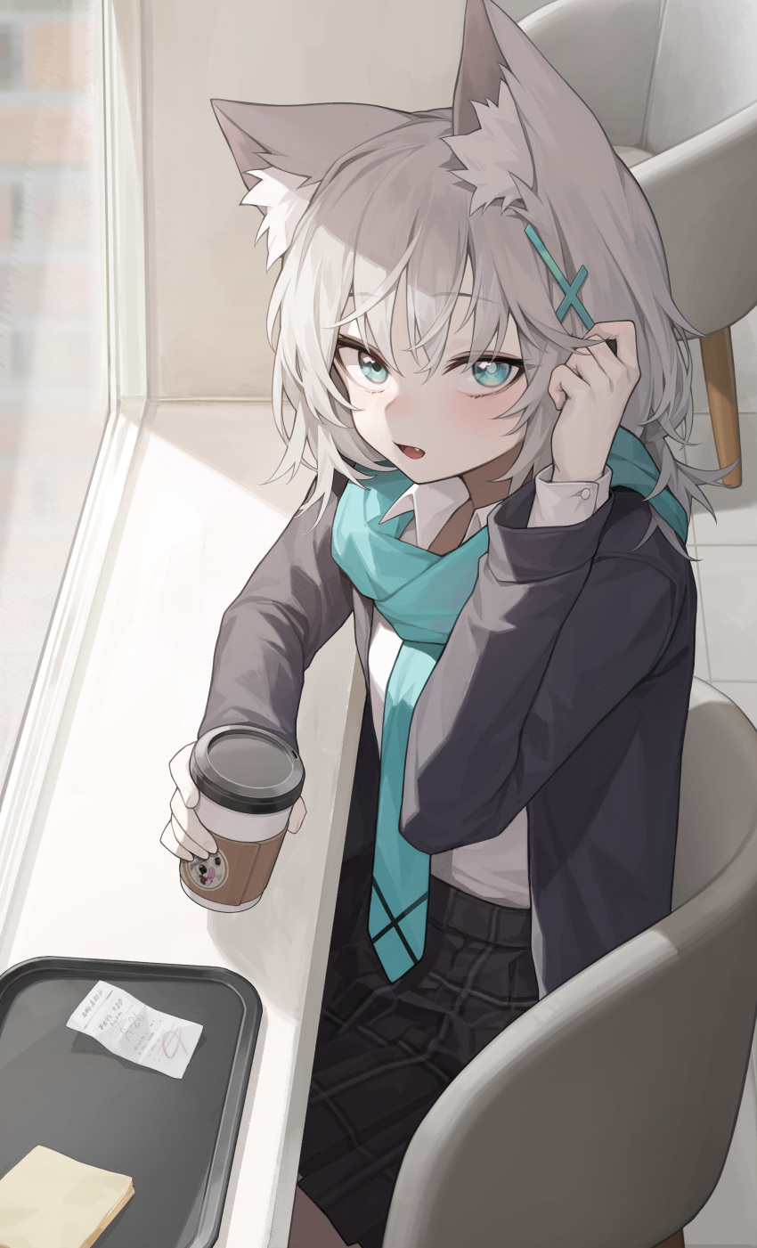 1girl absurdres animal_ear_fluff animal_ears black_jacket black_skirt blue_archive blue_eyes blue_necktie blue_scarf blush coffee_cup commentary cross_hair_ornament cup disposable_cup extra_ears grey_hair hair_ornament highres holding holding_cup indoors jacket long_sleeves looking_at_viewer medium_hair mismatched_pupils mokew necktie open_clothes open_jacket open_mouth pleated_skirt revision scarf shiroko_(blue_archive) shirt skirt solo white_shirt wolf_ears