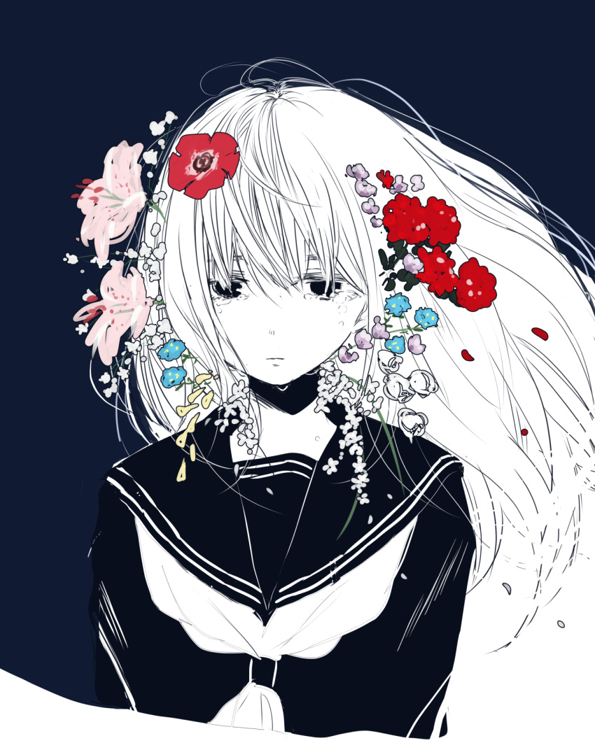 blue_background blue_flower closed_mouth crying crying_with_eyes_open expressionless floating_hair flower hair_flower hair_ornament highres limited_palette long_hair looking_at_viewer neckerchief nikotamu original pink_flower red_flower simple_background tears upper_body wind yellow_flower