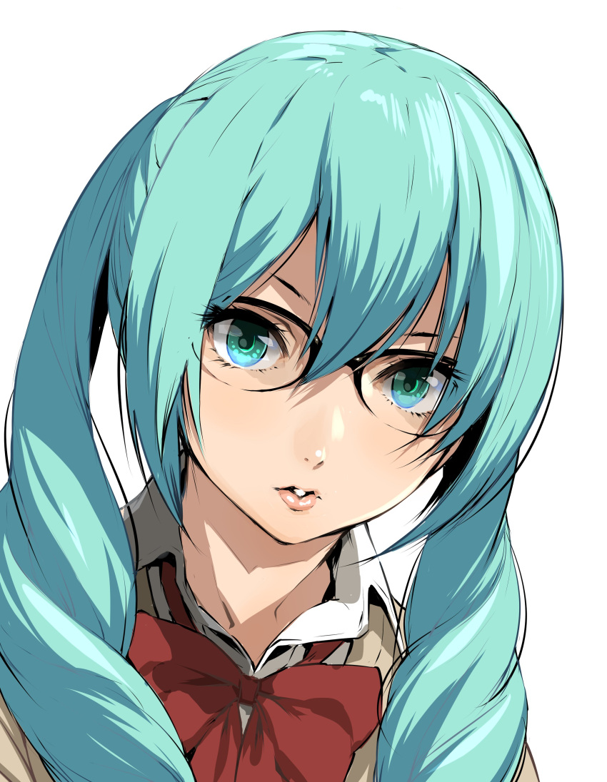 1girl :o absurdres black-framed_glasses blue_eyes blue_hair bow bowtie close-up collared_shirt enami_katsumi face glasses hatsune_miku highres long_hair looking_at_viewer open_mouth over-rim_glasses pink_lips red_bow red_bowtie semi-rimless_glasses shirt simple_background solo twintails upper_body vocaloid white_background wing_collar
