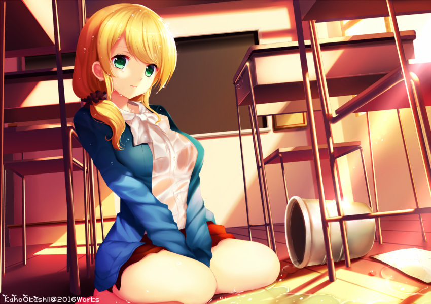 1girl blonde_hair braid breasts bucket chair classroom desk ellen_baker green_eyes jacket kaho_okashii large_breasts miniskirt new_horizon on_floor open_clothes open_jacket school_desk scrunchie see-through shirt sitting skirt solo spilling teacher wariza wet wet_clothes wet_hair wet_shirt