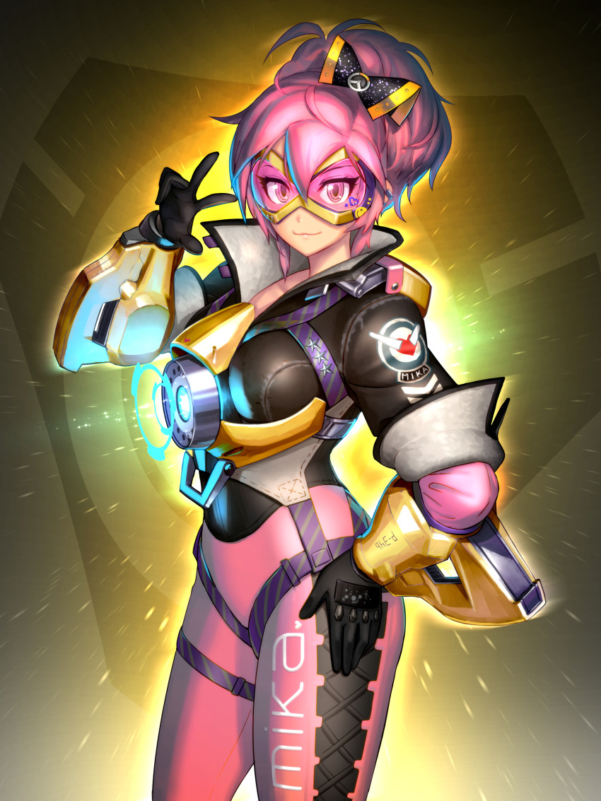1girl absurdres alternate_color breasts cosplay goggles highres idolmaster idolmaster_cinderella_girls jougasaki_mika looking_at_viewer overwatch pink_hair short_hair smile solo tracer_(overwatch) tracer_(overwatch)_(cosplay) yellow_eyes