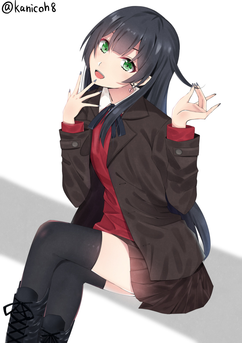 1girl absurdres agano_(kantai_collection) black_boots black_hair boots brown_jacket earrings eyelashes fingernails green_eyes heart heart_earrings highres jacket jewelry kanikou kantai_collection long_hair looking_at_viewer necktie open_mouth pleated_skirt red_shirt shirt skirt smile solo thigh-highs zettai_ryouiki