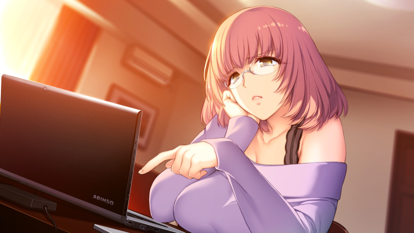 1girl air_conditioner akeiro_kaikitan arm_support bra_strap breasts brown_eyes chair charger chestnut_mouth collarbone couch curtains door dress frame indoors kuzumi_misato large_breasts lipgloss lips off-shoulder_dress off-shoulder_sweater off_shoulder panties parted_lips pink_hair purple_panties purple_sweater solo sumeragi_kohaku sweater sweater_dress table underwear window