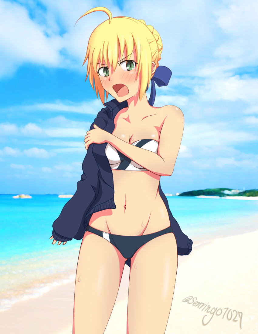 1girl absurdres ahoge artist_name bare_arms bare_shoulders beach bikini black_jacket blonde_hair blue_bow blue_sky blurry blush bow coast collarbone day depth_of_field fate/stay_night fate_(series) green_eyes groin hair_ribbon highres horizon jacket navel ocean off_shoulder open_clothes open_jacket outdoors ribbon saber sand senringo1027 shore sky sleeves_past_wrists solo stomach striped striped_bikini summer sweatdrop swimsuit teardrop undressing water