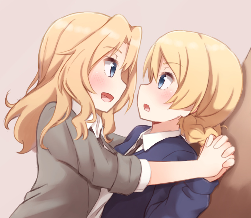 2girls against_wall blazer blonde_hair blue_eyes blush braid darjeeling dress_shirt dutch_angle from_side girls_und_panzer grey_jacket highres holding_hands jacket kapatarou kay_(girls_und_panzer) long_hair long_sleeves looking_at_another multiple_girls necktie open_clothes open_jacket open_mouth pink_background school_uniform shirt short_hair sleeves_rolled_up smile sweater tied_hair twin_braids v-neck white_blouse white_shirt yuri