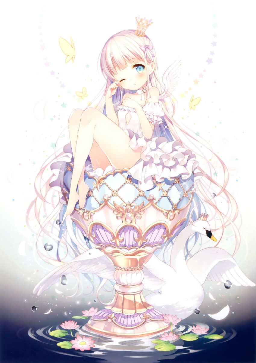 1girl :o absurdres barefoot bird blonde_hair blue_eyes blush butterfly crown cup detached_sleeves dress earrings feathers flower frilled_sleeves frills grail hair_ribbon hand_on_own_chest highres jewelry lily_pad long_hair looking_at_viewer mini_crown neck_ribbon one_eye_closed original oversized_object purple_ribbon ribbon ripples scan short_sleeves single_wing sleeveless sleeveless_dress solo sparkle star swan very_long_hair wasabi_(sekai) water water_drop white_dress white_wings wings