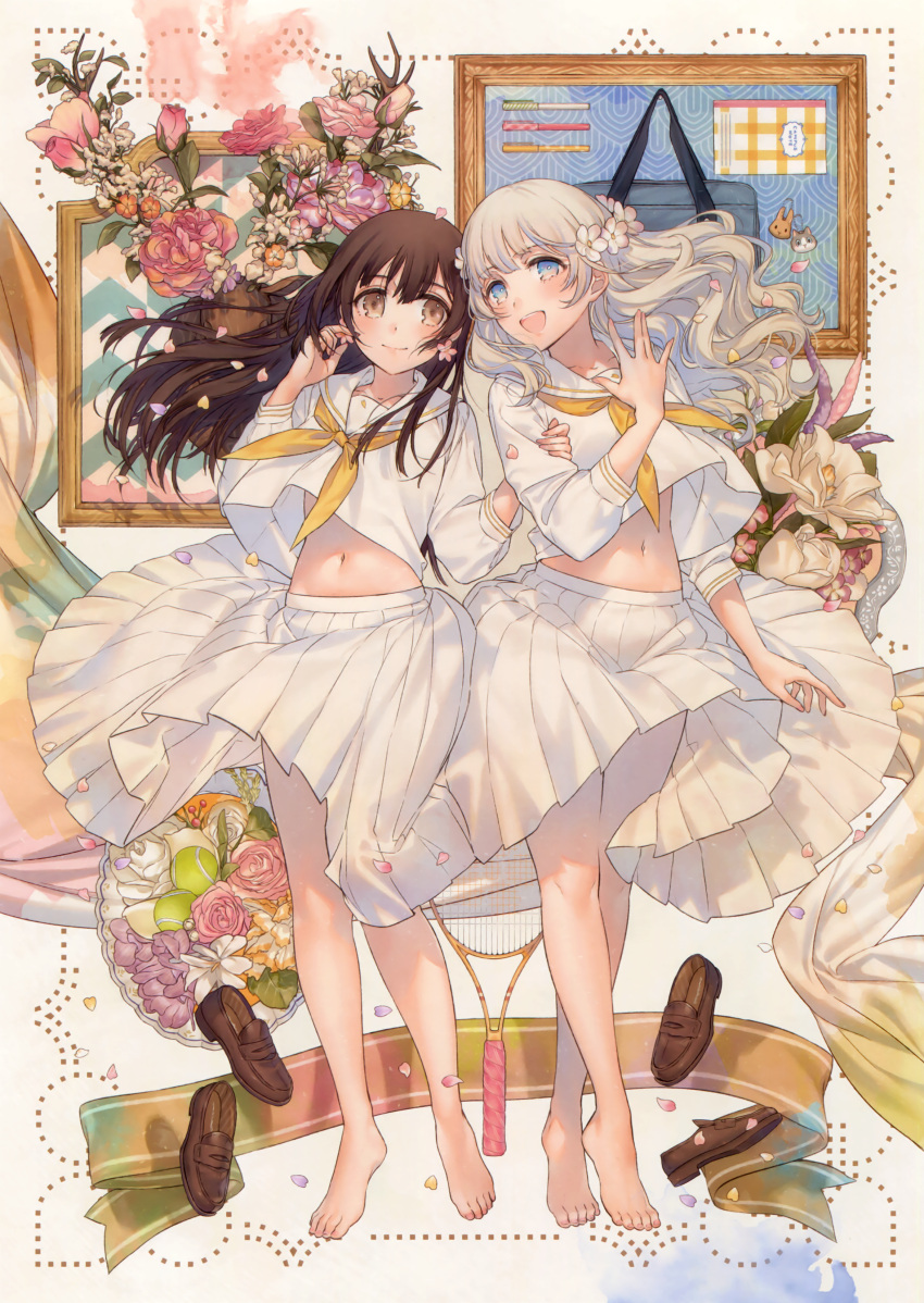 2girls :d absurdres arm_grab bag barefoot blue_eyes blush brown_eyes brown_hair collarbone earrings flower flower_earrings full_body highres jewelry keychain kippu loafers long_hair midriff multiple_girls navel notebook open_mouth original pen petals picture_frame pleated_skirt racket school_bag school_uniform serafuku shirt shoes shoes_removed silver_hair skirt smile tennis_racket white_background white_shirt white_skirt wind