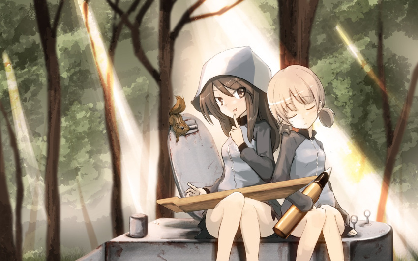 2girls aki_(girls_und_panzer) ammunition blonde_hair brown_eyes brown_hair bt-42 commentary finger_to_mouth forest girls_und_panzer hat jinguu_(4839ms) kantele knees_together_feet_apart light_rays looking_at_viewer mika_(girls_und_panzer) military military_vehicle multiple_girls nature short_twintails shushing sitting sleeping sleeping_on_person sleeping_upright squirrel tank track_suit tree twintails vehicle