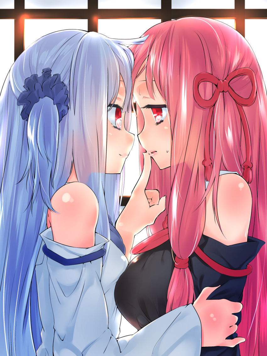 2girls arm_holding asymmetrical_docking bangs blue_hair blunt_bangs blush breast_press breasts detached_sleeves eye_contact eyelashes face-to-face finger_to_another's_mouth forehead-to-forehead from_side hair_ornament hair_ribbon hair_scrunchie hand_on_another's_arm highres kotonoha_akane kotonoha_aoi large_breasts long_hair looking_at_another multiple_girls one_side_up parted_lips pink_hair pink_lips red_eyes ribbon scrunchie shirasagi_rokuwa siblings sisters smile sweat tress_ribbon upper_body voiceroid window