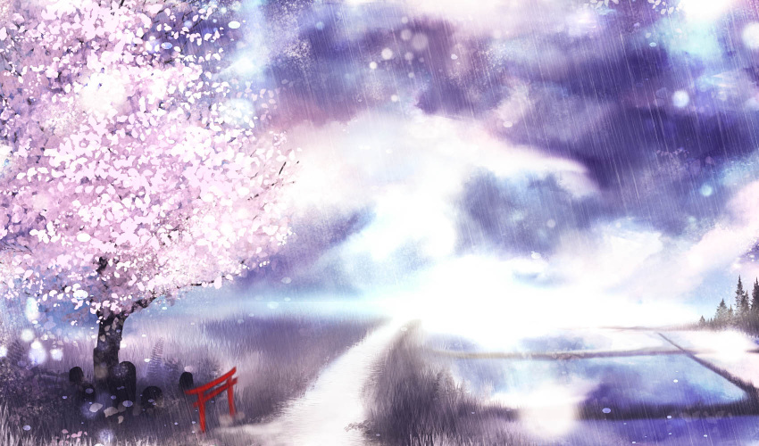 akyuun cherry_blossoms commentary grass highres lens_flare light no_humans original path photoshop road scenery texture torii tree
