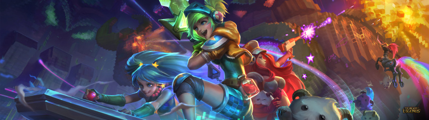 3girls absurdres arcade_hecarim arcade_miss_fortune arcade_riven arcade_sona arcade_stick battle_boss_blitzcrank blitzcrank blue_hair controller copyright_name energy_gun final_boss_veigar fingerless_gloves game_controller giant gloves green_hair hat hecarim helmet highres joystick league_of_legends multiple_girls official_art panorama pink_hair poro_(league_of_legends) potion ray_gun riot_games riven_(league_of_legends) sarah_fortune smile sona_buvelle sword veigar weapon