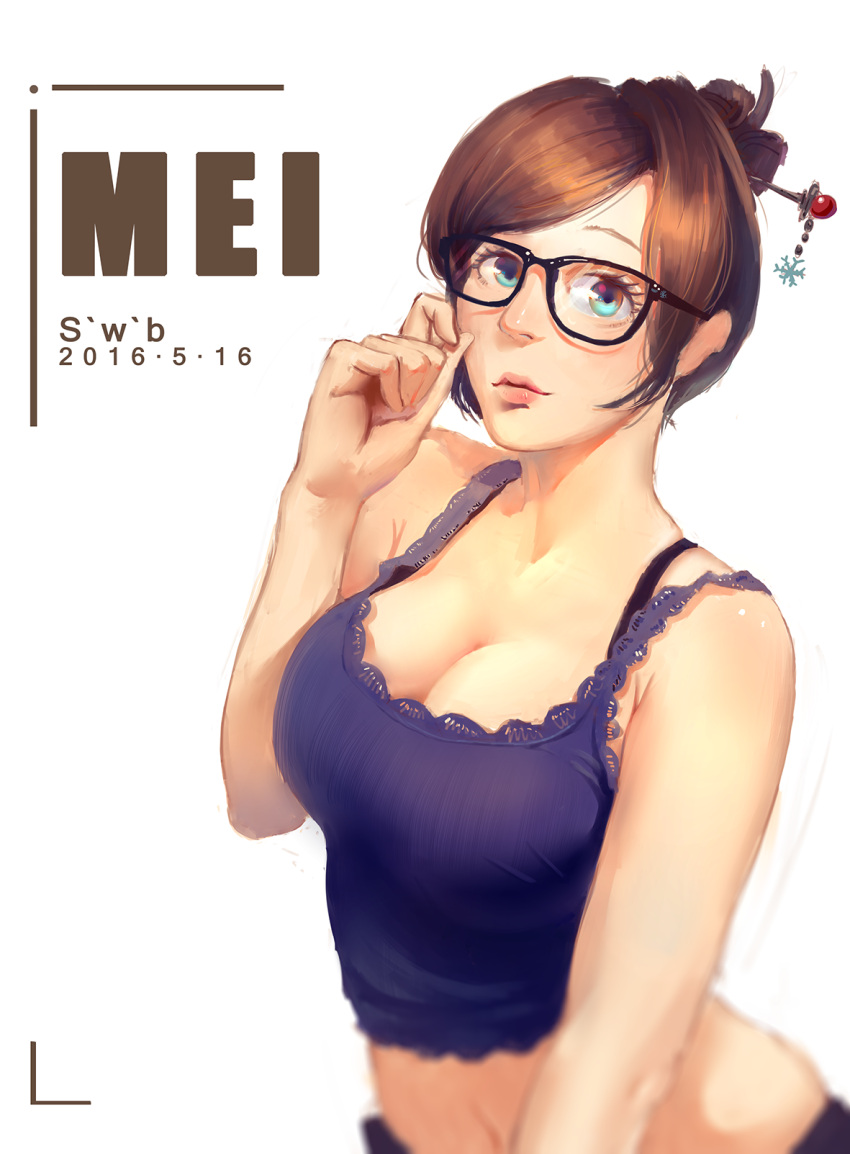 1girl aqua_eyes arm_support black-framed_glasses black_legwear breasts brown_hair character_name cleavage dated glasses hair_bun hair_ornament hairpin hand_on_own_face highres large_breasts lips looking_at_viewer mei_(overwatch) midriff navel overwatch short_hair solo tank_top