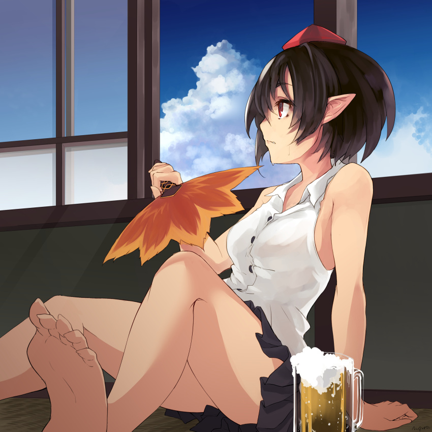 1girl absurdres adapted_costume against_wall alcohol arm_at_side arm_support bare_legs bare_shoulders barefoot beer beer_mug black_hair black_skirt blue_sky breasts buttons clouds collared_shirt day foam hat highres holding hot leaf_fan looking_to_the_side medium_breasts miniskirt nuqura open_window parted_lips pointy_ears red_eyes red_hat shameimaru_aya shirt sitting skirt sky sleeveless sleeveless_shirt soles solo sweat toes tokin_hat touhou white_shirt window wing_collar