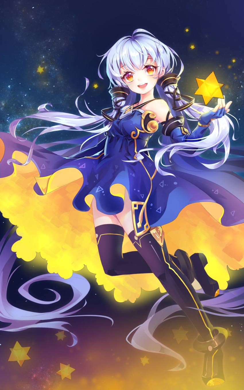 blue_hair blush boots brown_eyes dress gloves long_hair low_twintails night smile stardust_(vocaloid) stars twintails vocaloid
