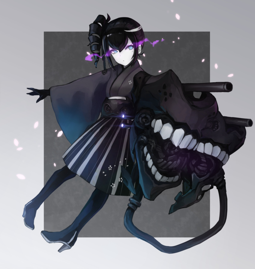 1girl :o ancient_destroyer_oni black_gloves black_hair black_legwear blue_eyes boots cannon drill_hair gloves glowing glowing_eyes hakama high_heel_boots high_heels highres japanese_clothes kantai_collection kimono long_hair machinery open_mouth petals shinkaisei-kan side_ponytail skirt solo teeth turret weasel_(close-to-the-edge) wide_sleeves