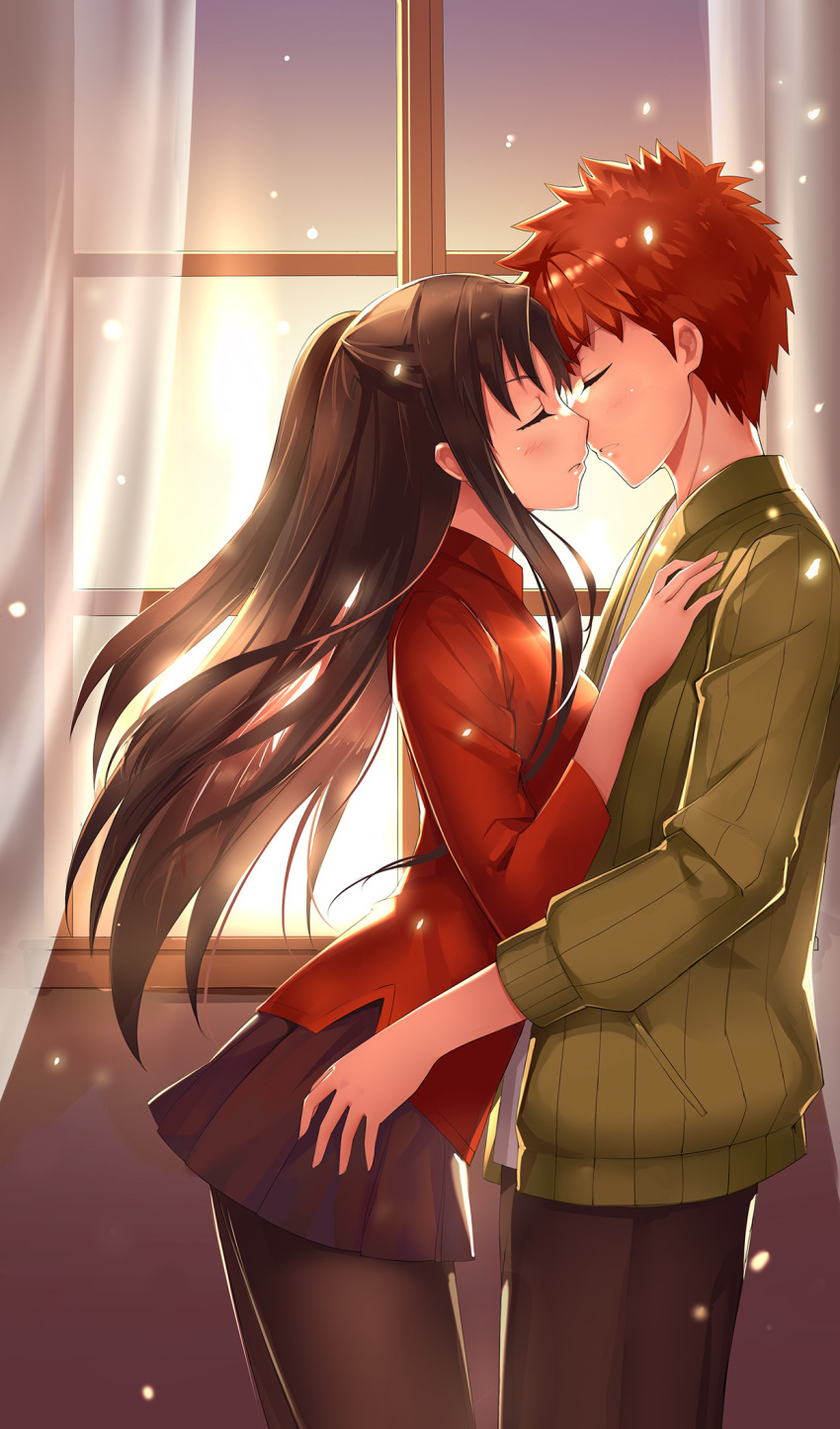 1boy 1girl black_hair black_legwear black_skirt brown_hair closed_eyes emiya_shirou fate/stay_night fate_(series) highres incipient_kiss indoors long_hair pantyhose pleated_skirt school_uniform short_hair skirt tohsaka_rin toosaka_rin unlimited_blade_works yuki_(clydtc)