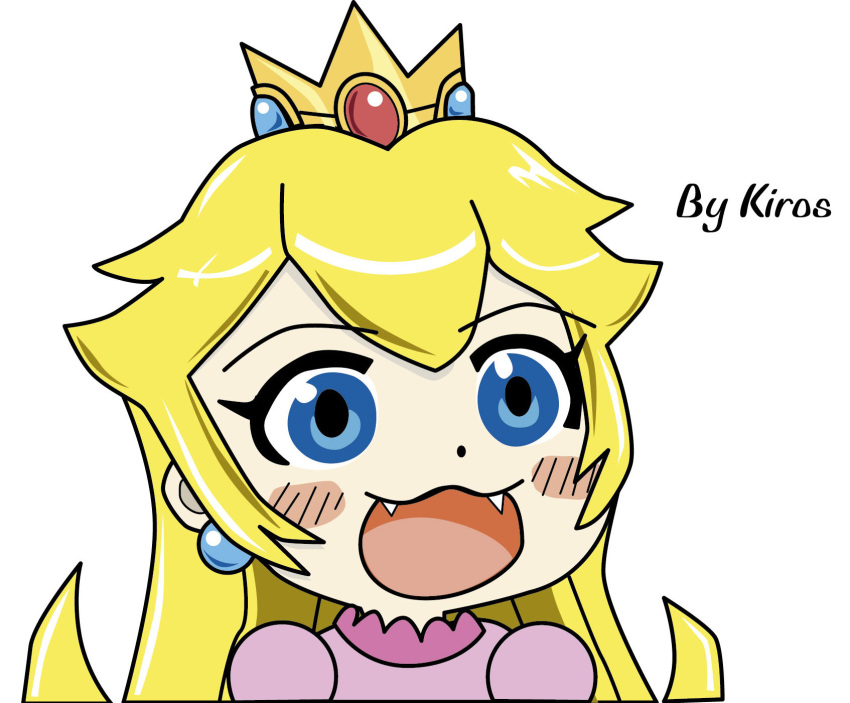 1girl :3 :d artist_name blonde_hair blue_earrings blue_eyes blush blush_stickers chibi commentary crown dot_nose dress earrings english eyebrows eyebrows_visible_through_hair fang_out fangs gem gyate_gyate hair_ornament highres jewelry long_hair super_mario_bros. meme open_mouth oscar_bautista princess_peach purple_dress signature smile solo super_mario_bros. teeth white_background