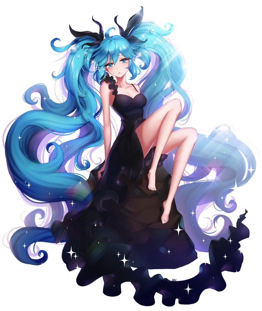 1girl :o ango arms_at_sides bare_shoulders barefoot black_dress black_ribbon blue_eyes blue_hair crying crying_with_eyes_open dress e expressionless full_body glint hair_ribbon hatsune_miku highres knees_up long_hair looking_at_viewer parted_lips ribbon shinkai_shoujo_(vocaloid) simple_background sleeveless sleeveless_dress solo tears twintails very_long_hair vocaloid white_background