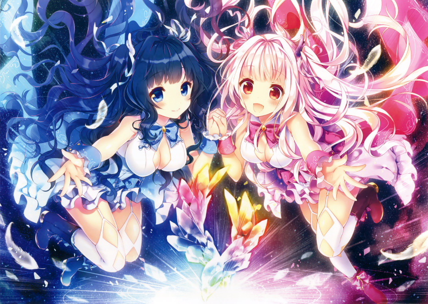 2girls :d absurdres bangs bare_shoudlers black_hair blue_eyes blush boots bow breasts cleavage eyebrows eyebrows_visible_through_hair feathers garter_straps hair_ornament hair_ribbon highres holding_hands interlocked_fingers long_hair multiple_girls open_mouth original outstretched_arms pink_hair red_eyes ribbon riichu scan skirt sleeveless smile thigh-highs white_legwear wrist_cuffs