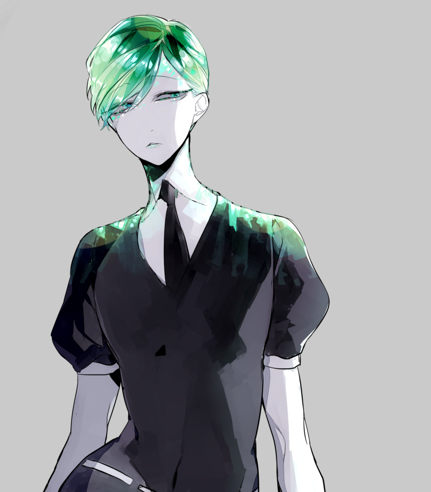 1boy alternate_costume alternate_eye_color alternate_hair_color aqua_eyes aqua_hair aqua_lips arms_at_sides bangs belt black_necktie collared_shirt cosplay crystal grey_background hair_between_eyes haku_(tokuray) highres houseki_no_kuni looking_at_viewer looking_to_the_side male_focus matsuno_choromatsu necktie osomatsu-kun osomatsu-san pale_skin parody puffy_short_sleeves puffy_sleeves shirt short_sleeves simple_background solo sparkle swept_bangs upper_body white_shirt