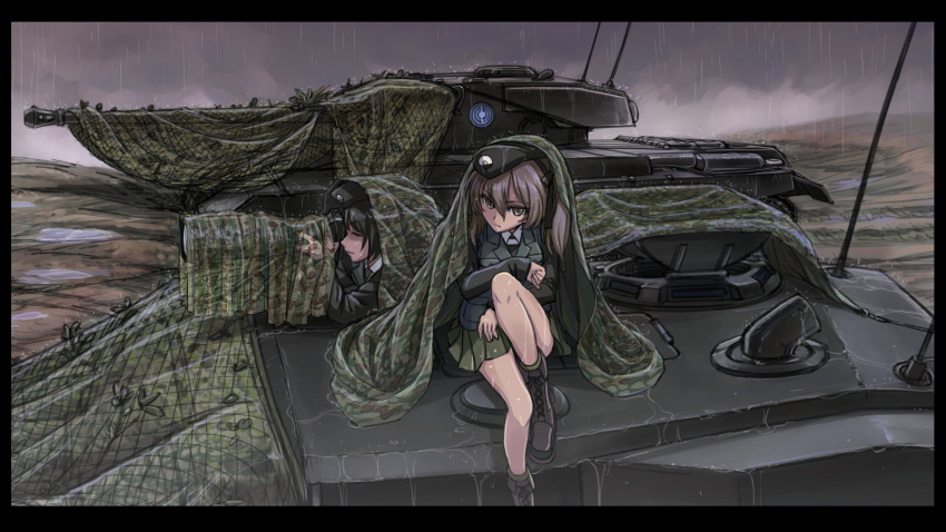 beret brown_eyes brown_hair girls_und_panzer hat highres kyata long_hair looking_at_viewer military military_uniform military_vehicle shimada_arisu tank uniform vehicle vehicle_request