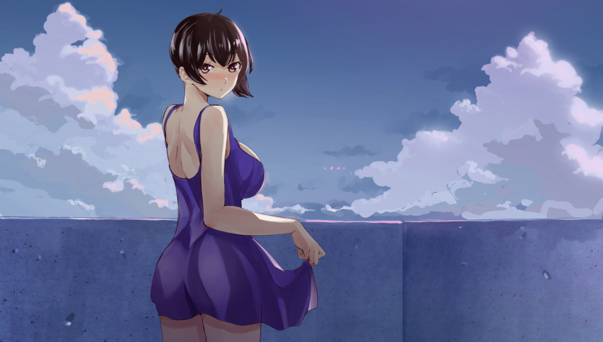 1girl back bare_shoulders blue_dress blush breasts brown_eyes brown_hair commentary_request dress dress_lift from_behind kaga_(kantai_collection) kantai_collection large_breasts looking_at_viewer looking_back open_mouth sanku side_ponytail sleeveless sleeveless_dress solo