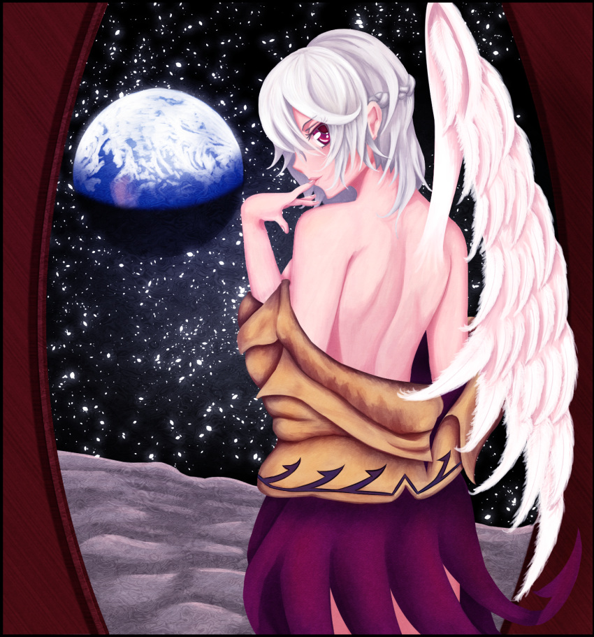 1girl angel_wings back braid brown_jacket cowboy_shot dress dress_pull earth fingernails french_braid from_behind highres indoors kishin_sagume lips looking_at_viewer looking_back moon purple_dress red_eyes shanghaidoll short_hair silver_hair single_wing solo space thighs touhou undressing wings
