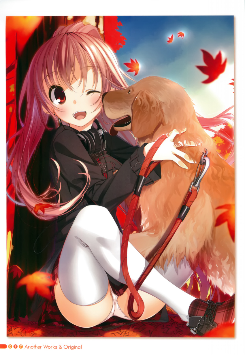1girl :d absurdres blush brown_hair coat dog earrings english headphones headphones_around_neck highres jewelry kagome_(traumatize) leaf leash loafers long_hair long_sleeves maple_leaf on_ground open_mouth original page_number panties pantyshot pantyshot_(sitting) plaid plaid_shoes plaid_skirt ponytail red_eyes scan shoes sitting skirt smile solo thigh-highs tongue tongue_out underwear white_legwear white_panties