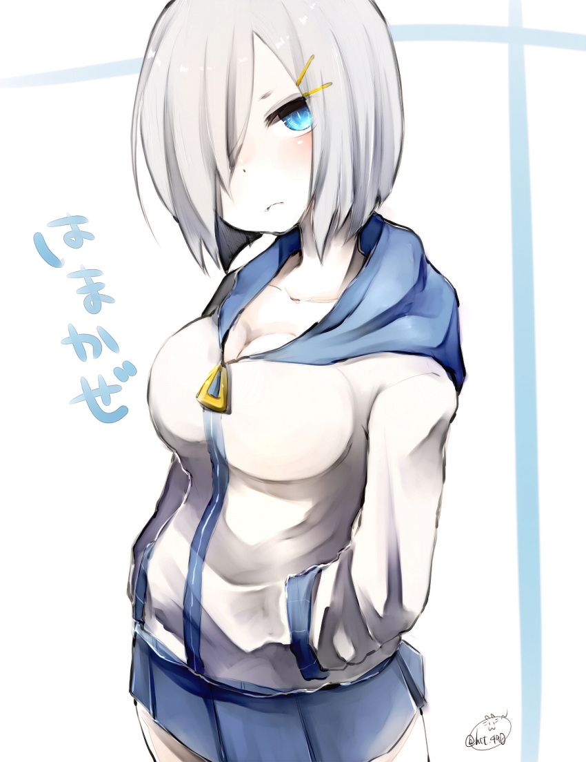 1girl blue_eyes blue_skirt blush breasts chita_(ketchup) collarbone frown hair_ornament hair_over_one_eye hairclip hamakaze_(kantai_collection) hands_in_pockets highres hood hood_down hooded_jacket jacket kantai_collection large_breasts looking_at_viewer pale_skin pleated_skirt short_hair silver_hair skirt solo twitter_username zipper