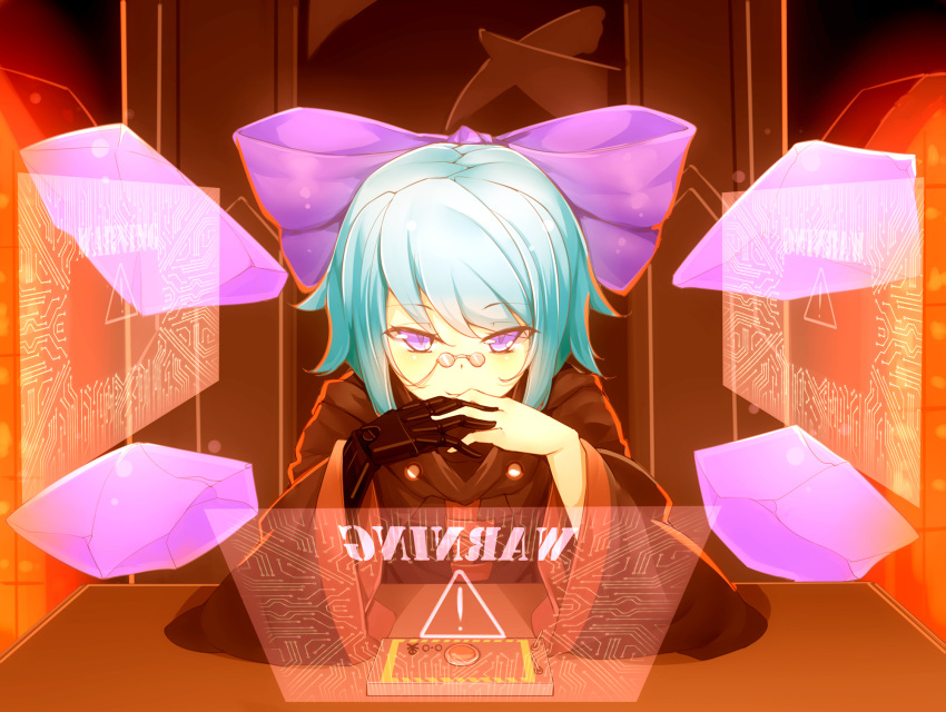 1girl alternate_color alternate_costume bow cirno gendou_pose glasses hair_bow hands_clasped highres holographic_monitor ice ice_wings long_sleeves looking_at_viewer mechanical_arm ootsuki_momiji pince-nez pink_eyes silver_hair solo touhou wide_sleeves wings